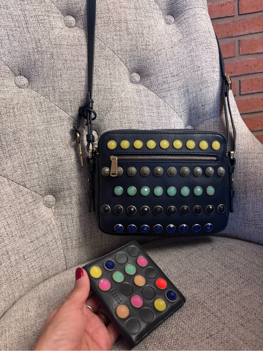 Fossil Black Crossbody Bag with Multicolor Studs and matching wallet